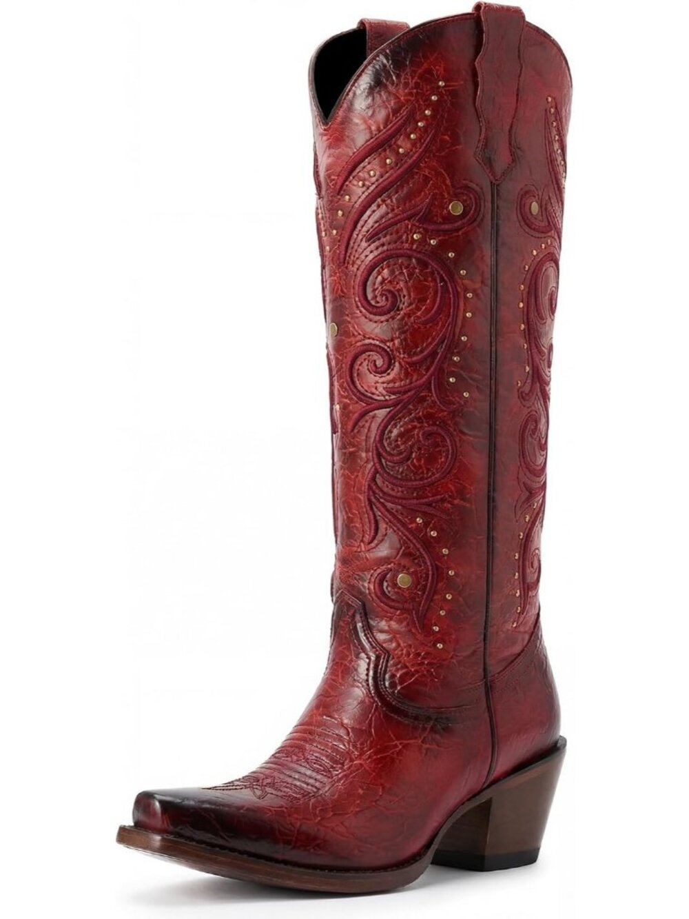 Women Red Embroidered Pointed Toe Cowgirl Boots with Side Zipper Retro Western